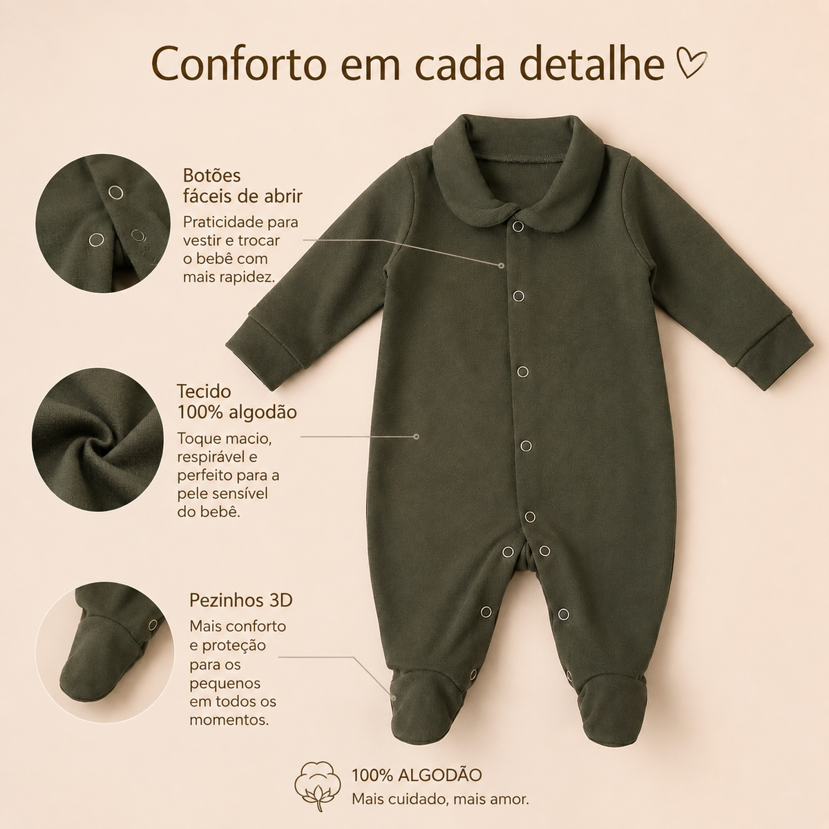 Macacão Recem Nascido Primeiros Dias - Abre Fácil - Musgo