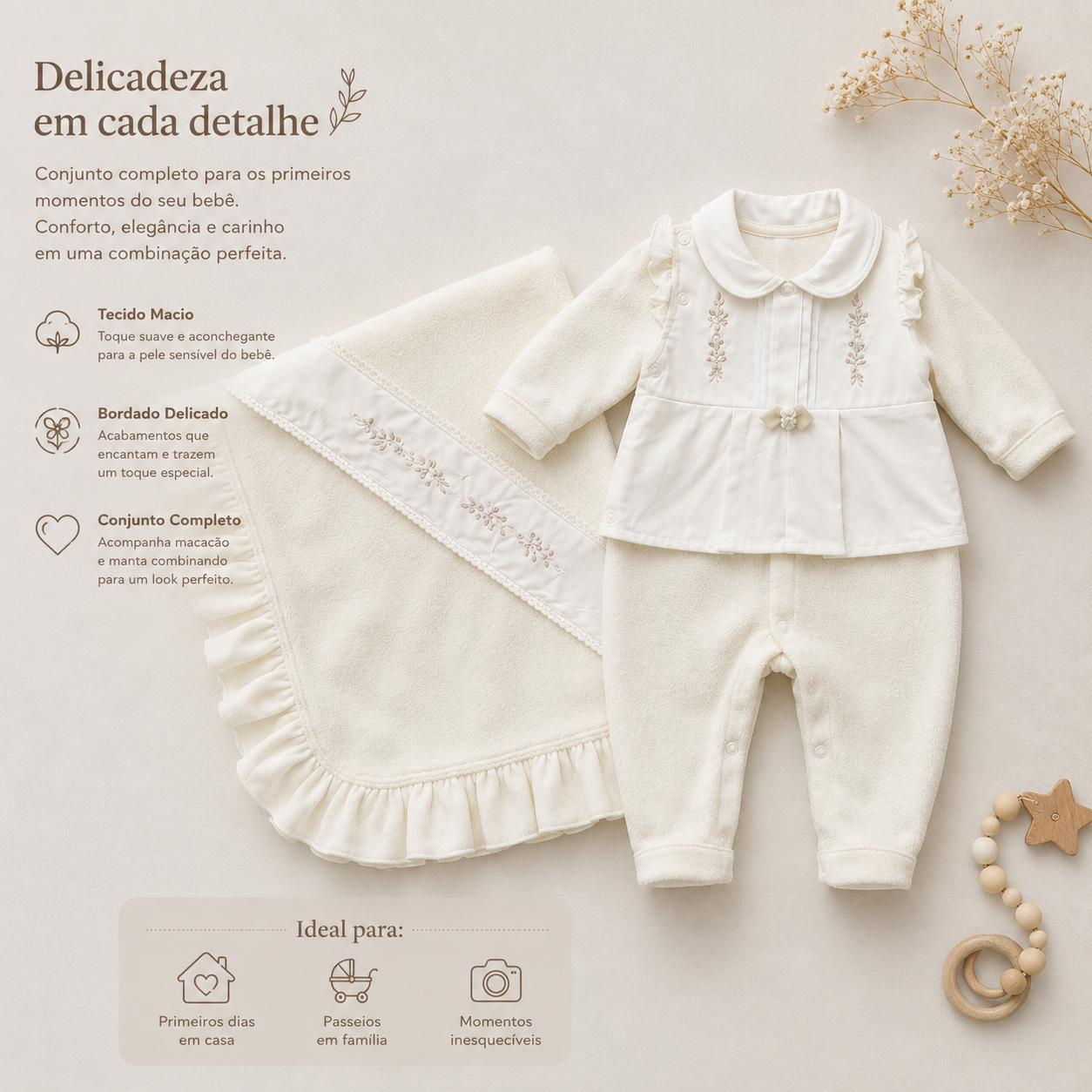 Kit 2 peças Saida Maternidade Helena Floral Cream
