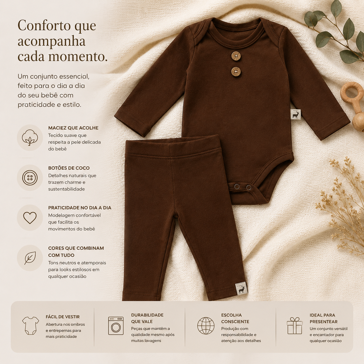 Conjunto Bebê Algodão Buttons Mocha