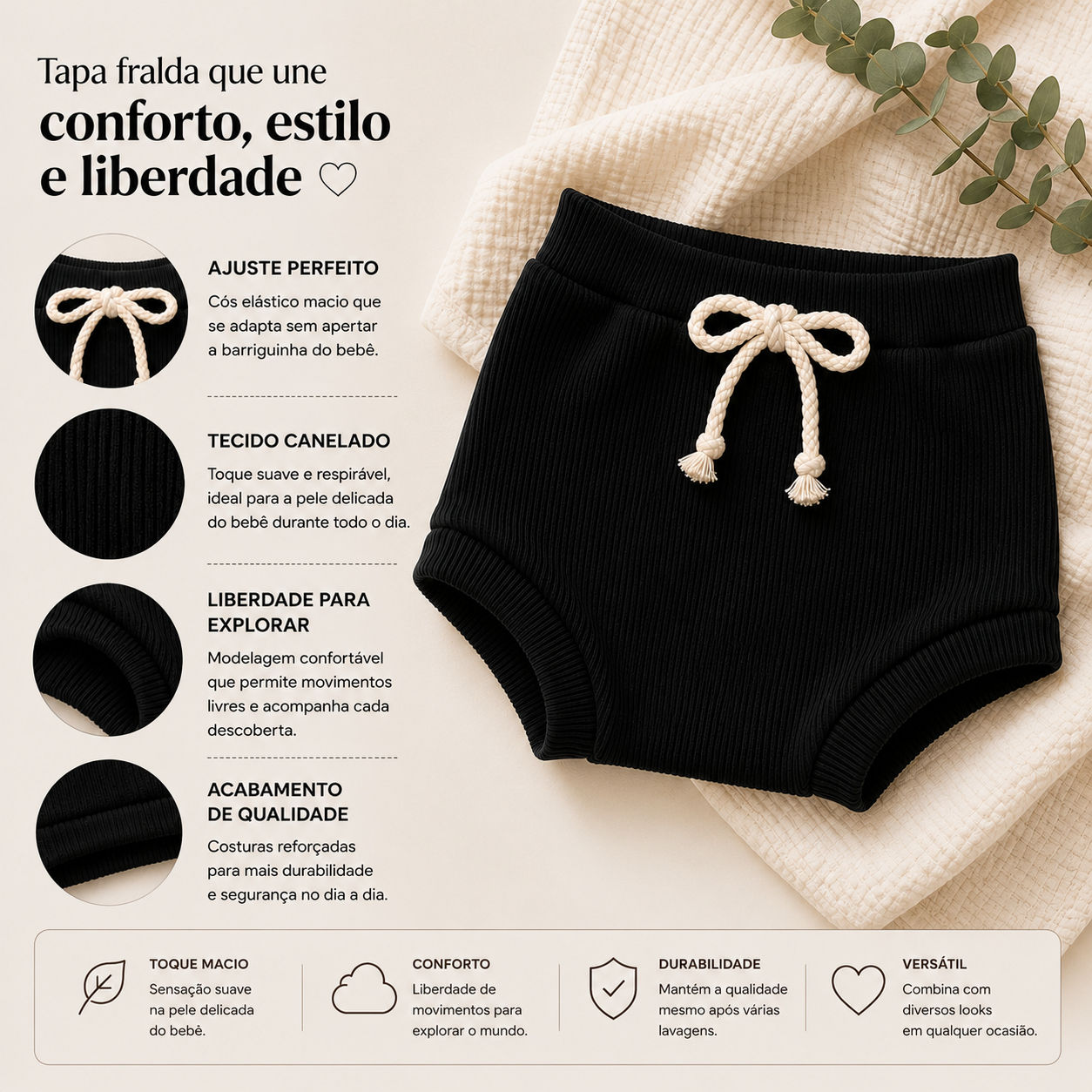 Tapa Fralda Unissex Bebê canelado black