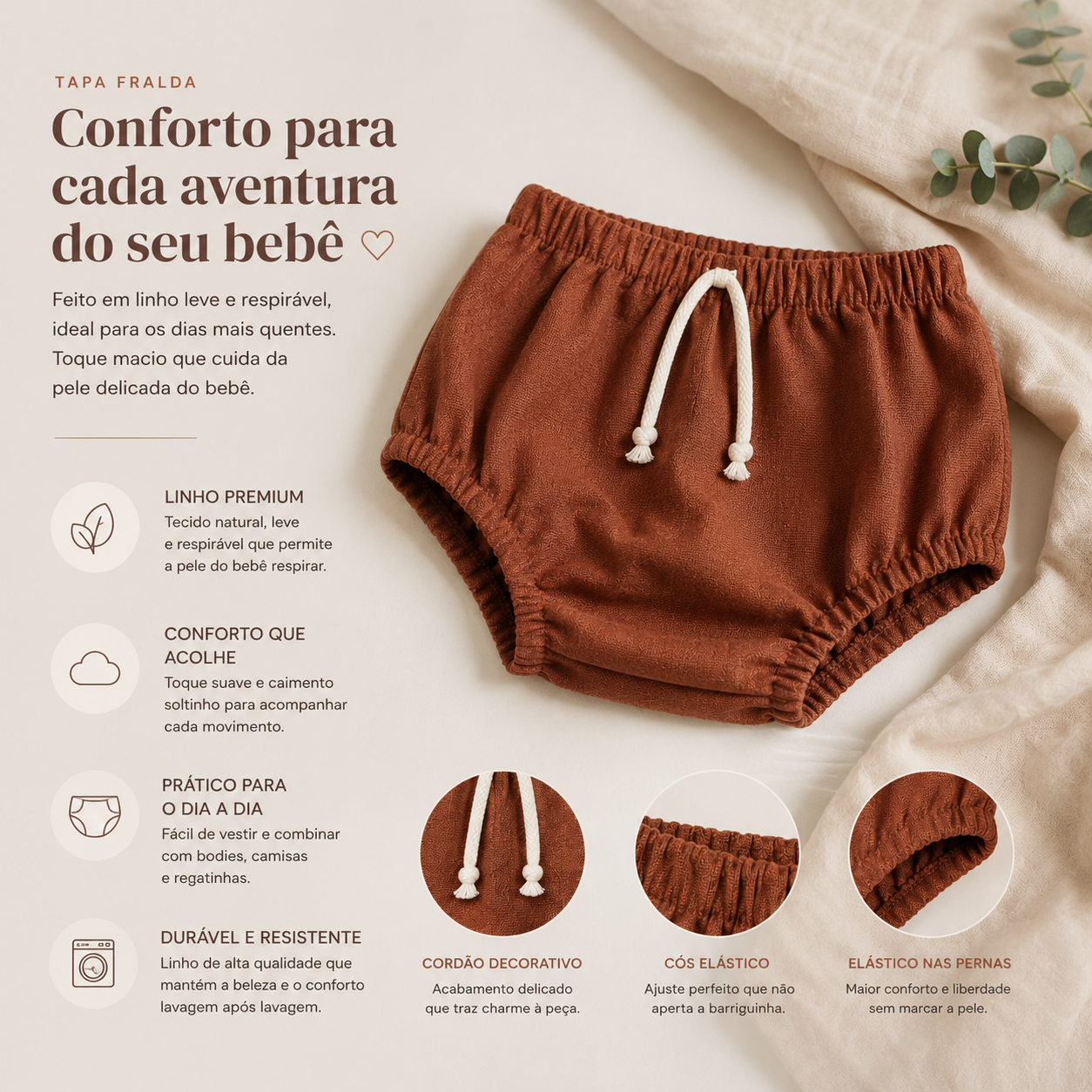 Tapa Fralda Bebê em Linho Caramelo