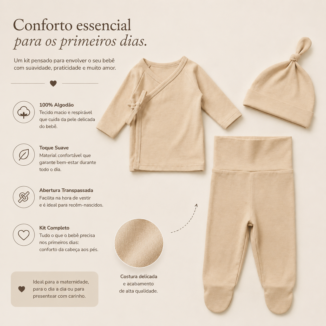 Kit Recém Nascido 3 peças Organic Bege
