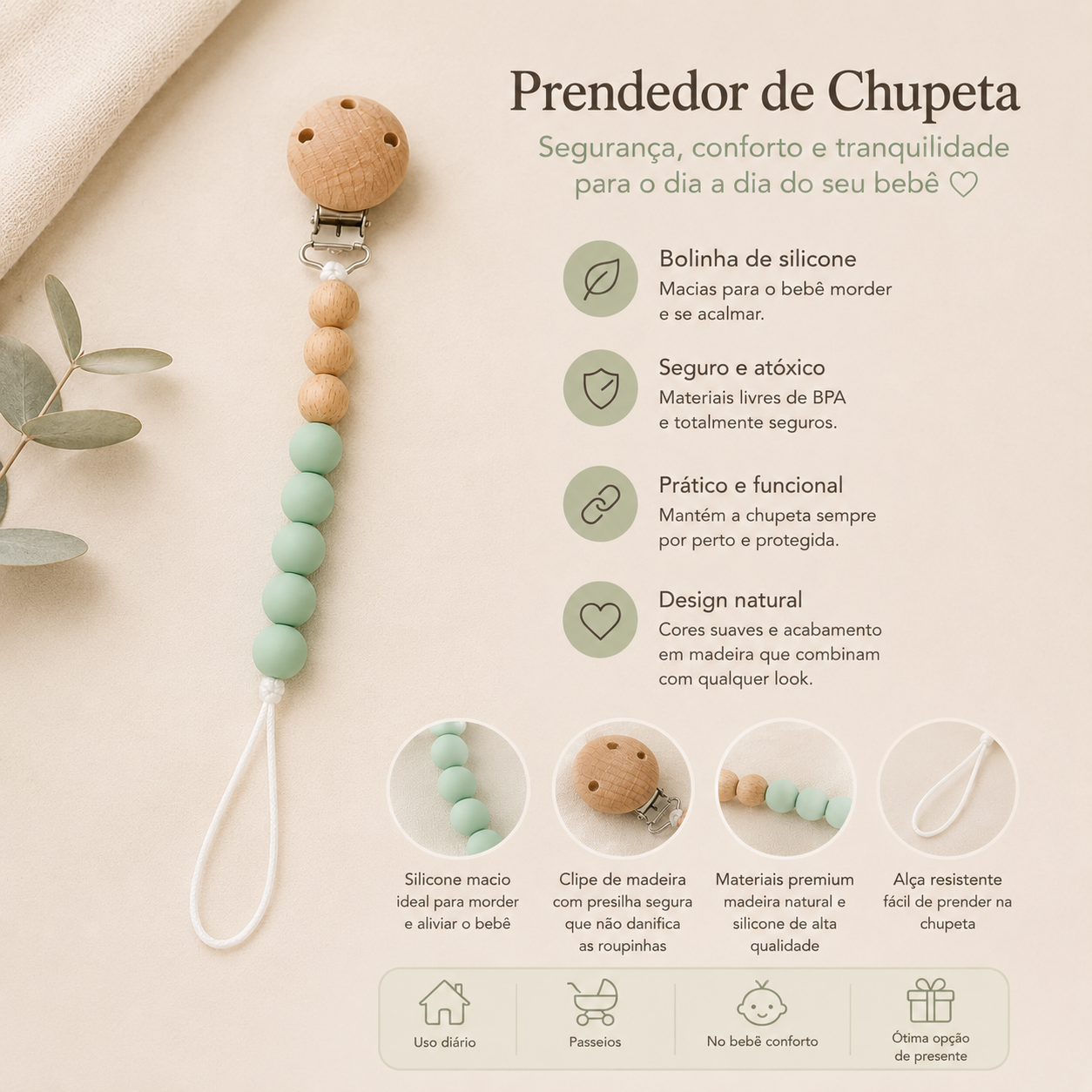 Prendedor De Chupeta Vintage Verde Menta
