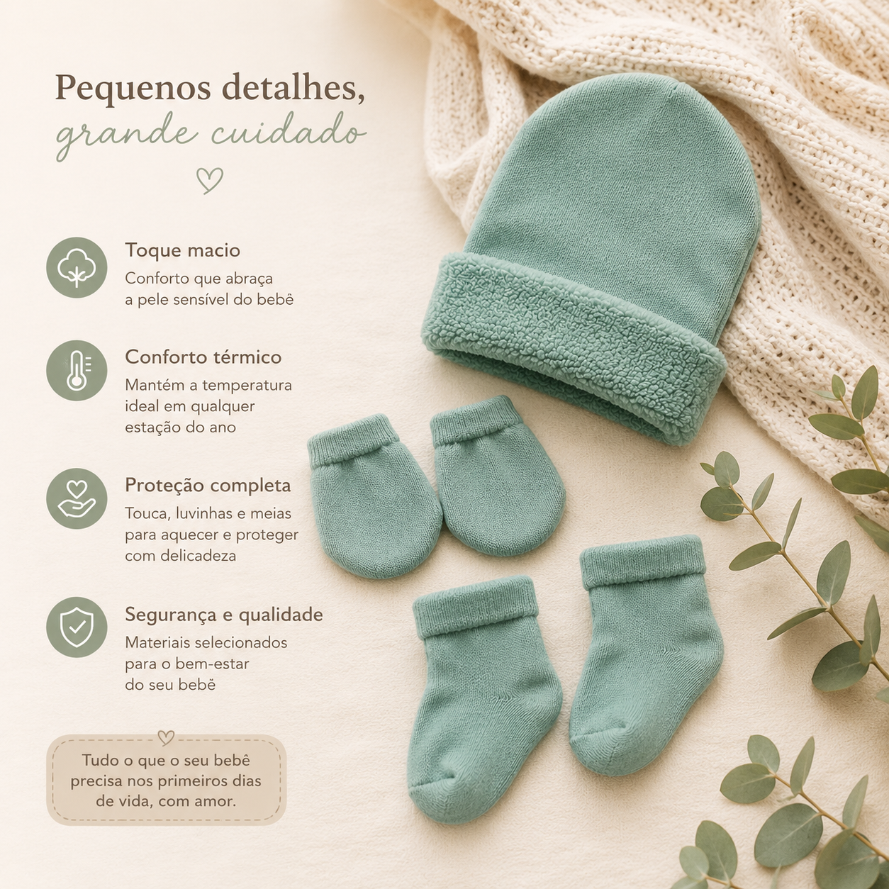 Kit 3 Peças Recém Nascido Luva+Touca+Meia Verde Menta
