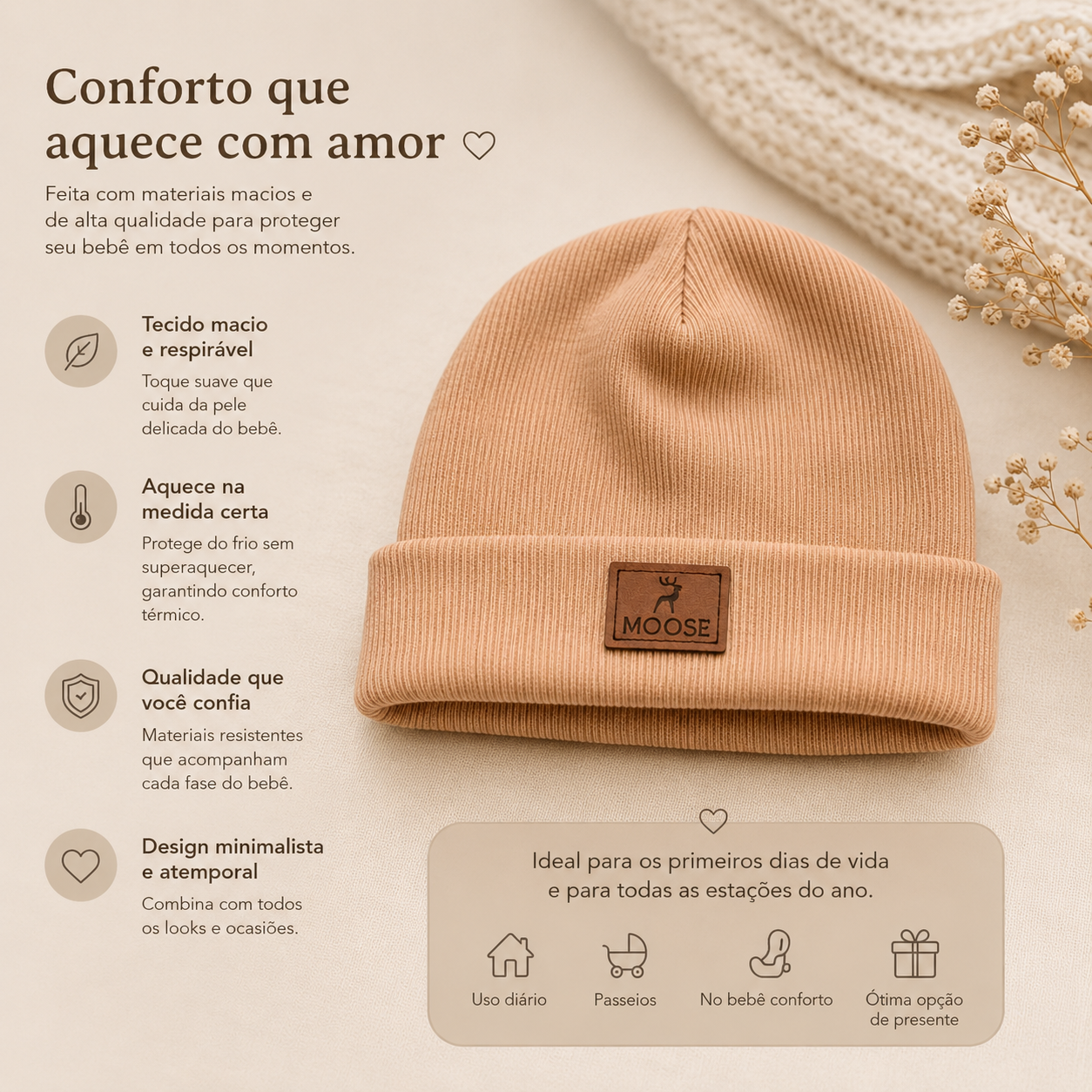 Touca Bebê Algodão Canelado Caqui