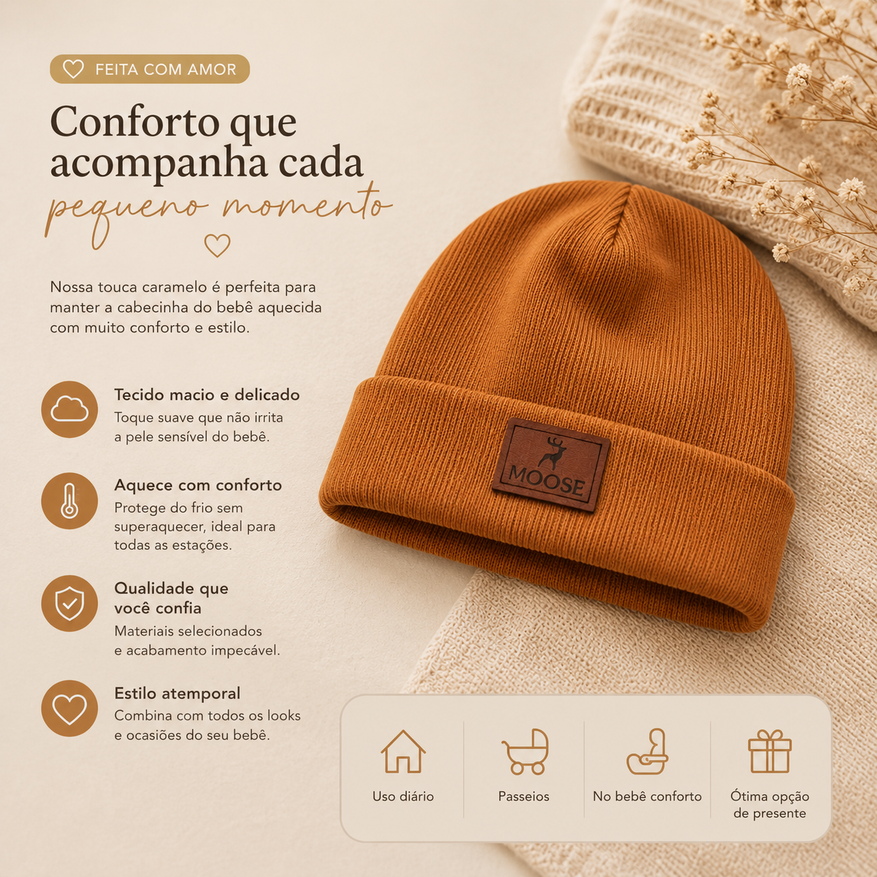 Touca Bebê Algodão Canelado Caramelo
