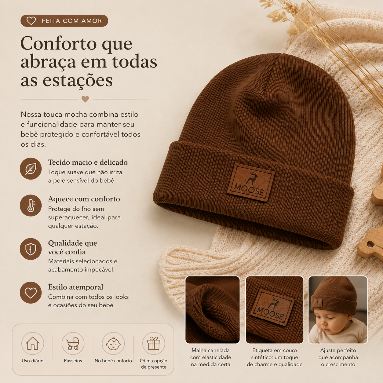 Touca Bebê Algodão Canelado Mocha