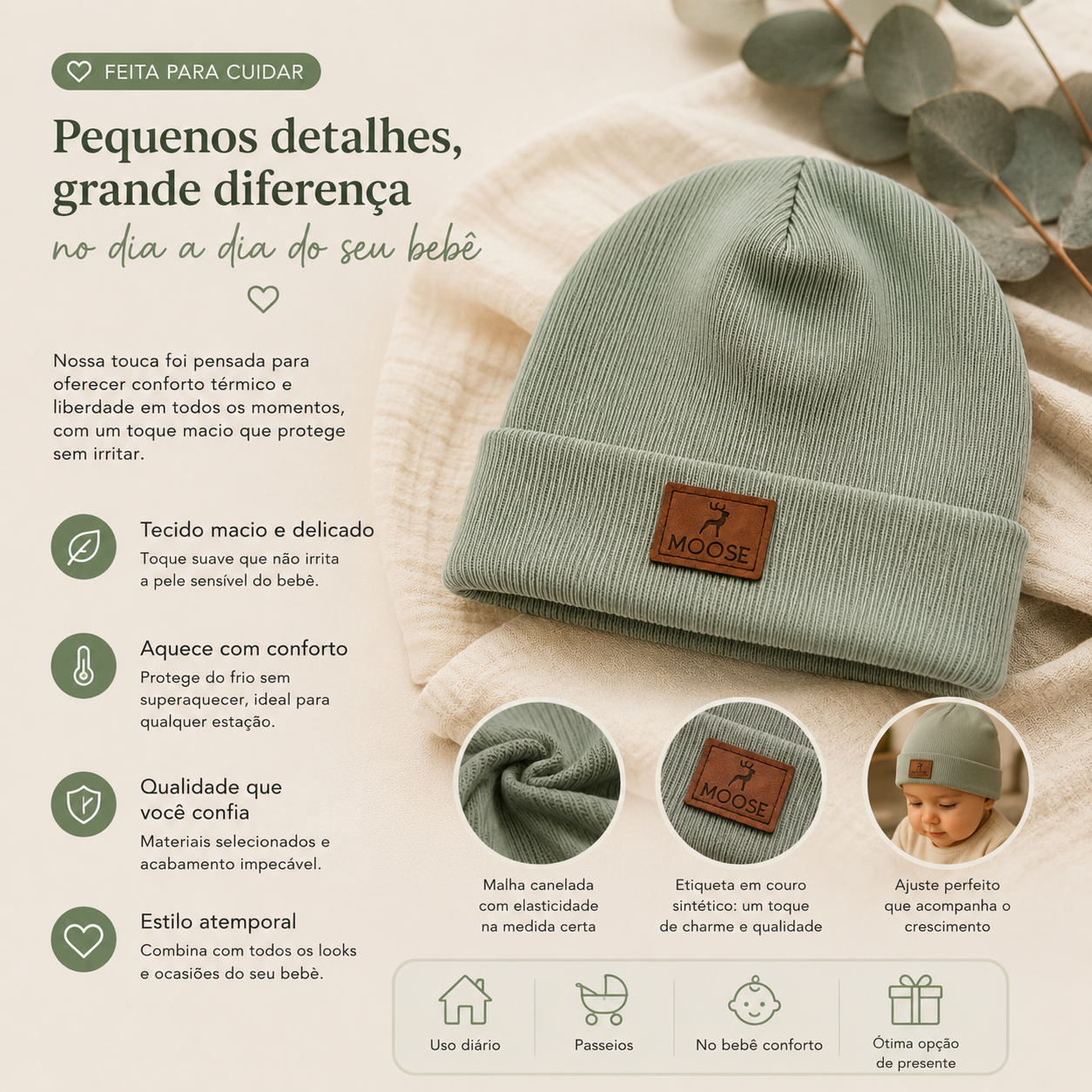 Touca Bebê Algodão Canelado Green