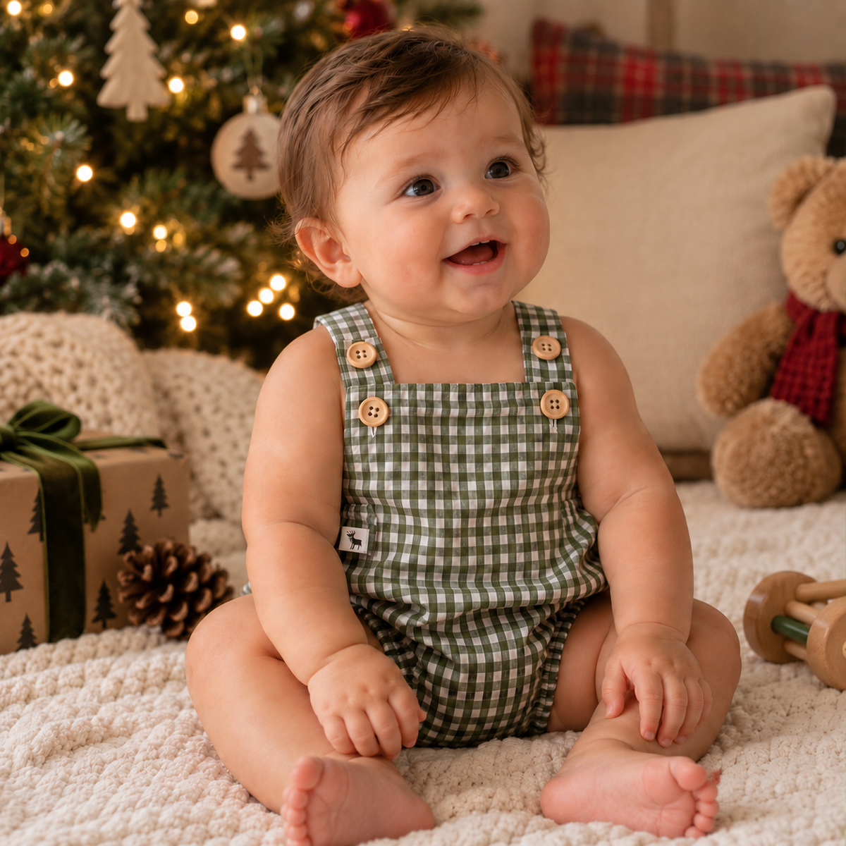 Baby Romper Buttons Chess Green