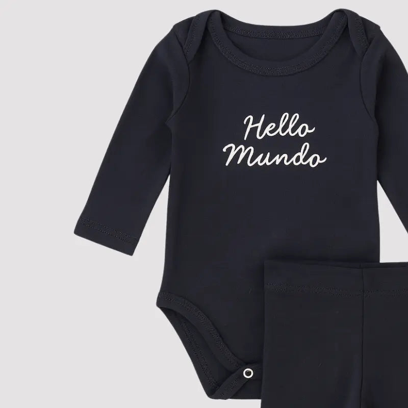 Conjunto Bebe Algodao Organic Hello Mundo Black