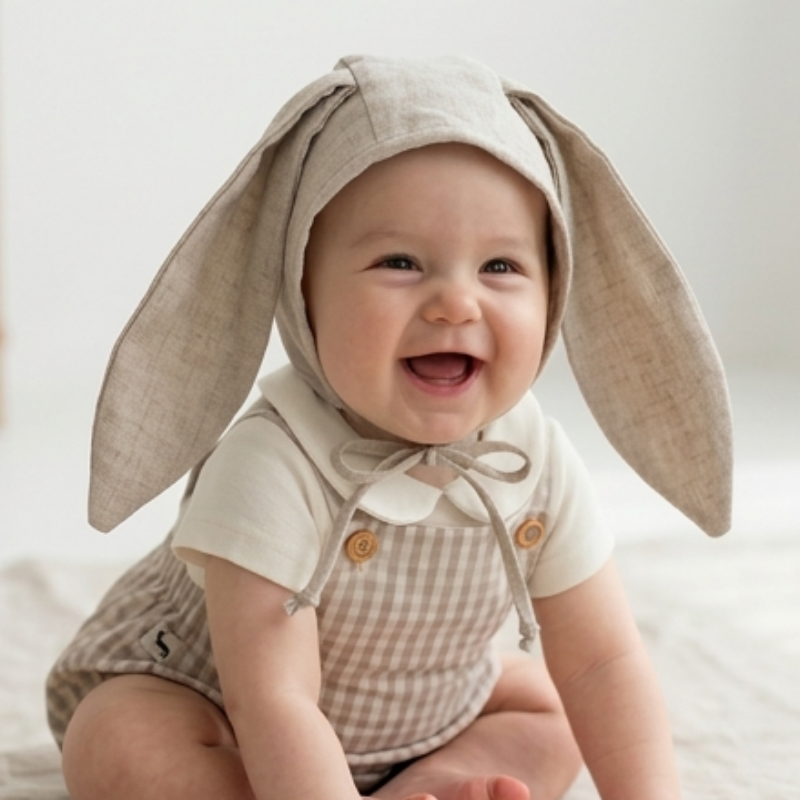 Touca de Bebê Orelha Coelho Linho Cru