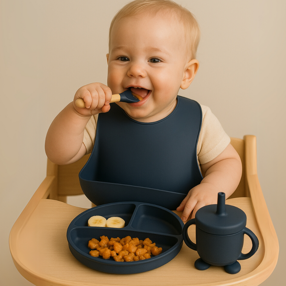 Kit Alimentaçāo bebê 6 peças em Silicone Azul Marinho