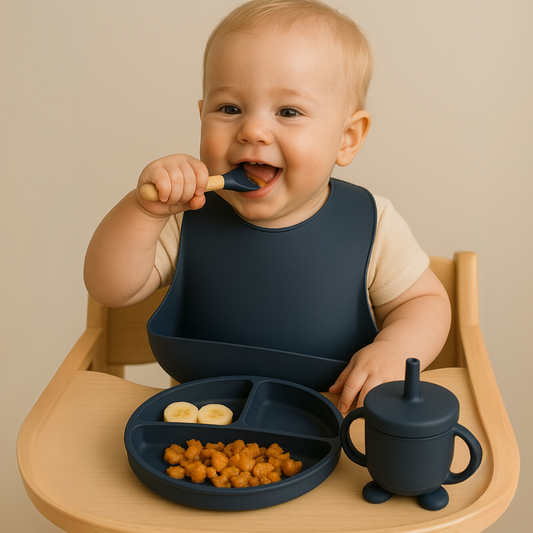 Kit Alimentaçāo bebê 6 peças em Silicone Azul Marinho