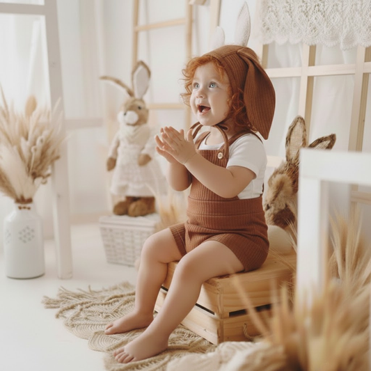 Kit 2 peças Jardineira Bebê + Bonnet Coelho Bunny Caramelo