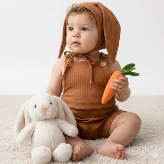 Kit 2 peças Jardineira Bebê + Bonnet Coelho Bunny Caramelo