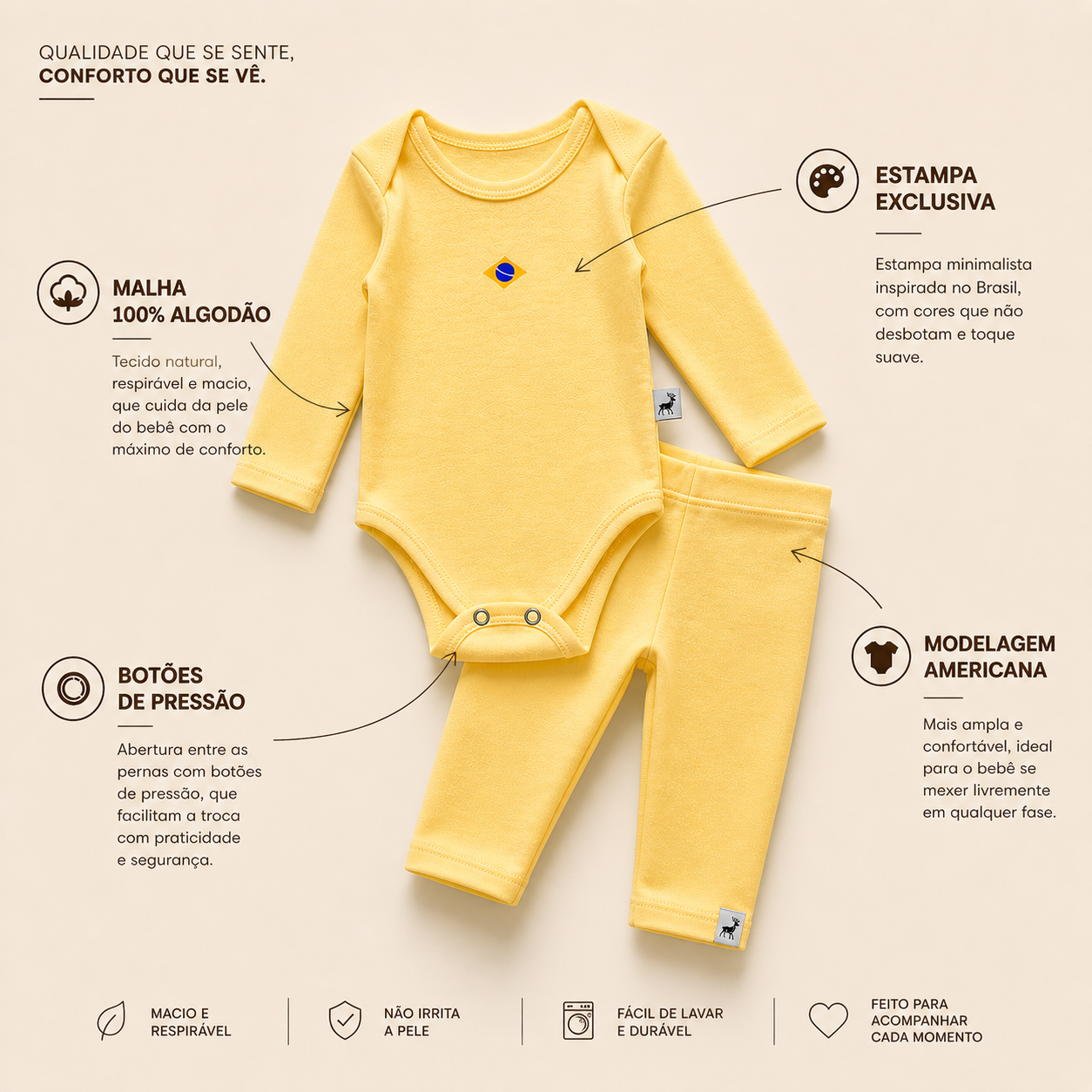 Conjunto Orgânic Algodão Longo Brasil Amarelo