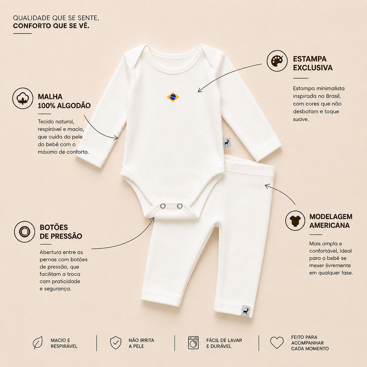 Conjunto Orgânic Algodão Longo Brasil Off White