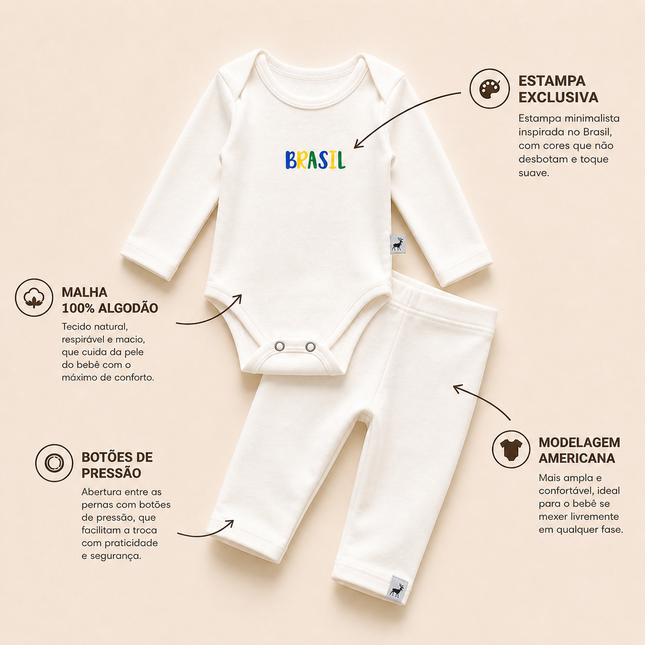 Conjunto Orgânic Algodão Longo Brasileirinho Off White