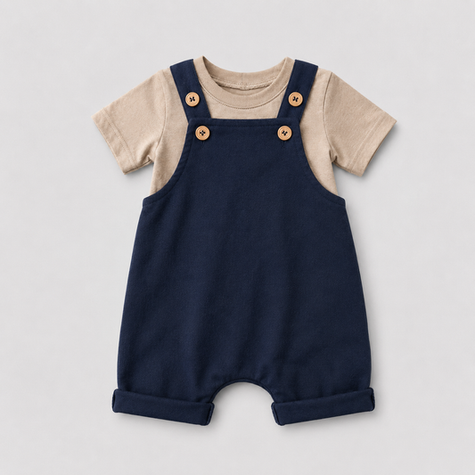 Kit 2 Peças Jardineira Linho Marinho + Camisa Algodão Bege