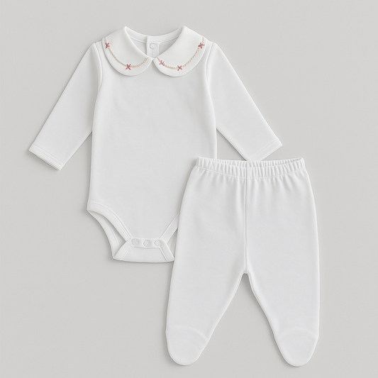 Conjunto Bebê Body Gola Bordada Flower Rose Algodão Pima