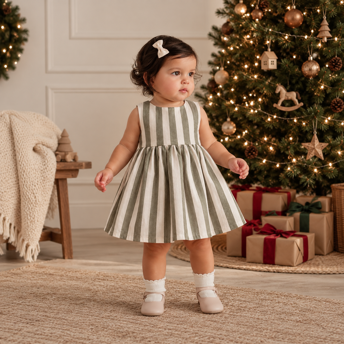 Vestido Infantil Linho Cloe Listras Verde Musgo