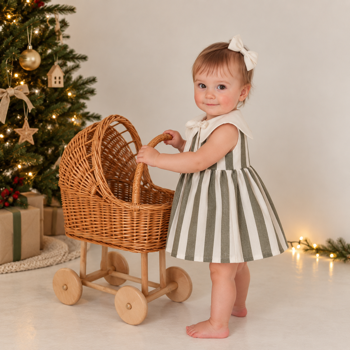 Vestido Infantil Linho Cloe Listras Verde Musgo