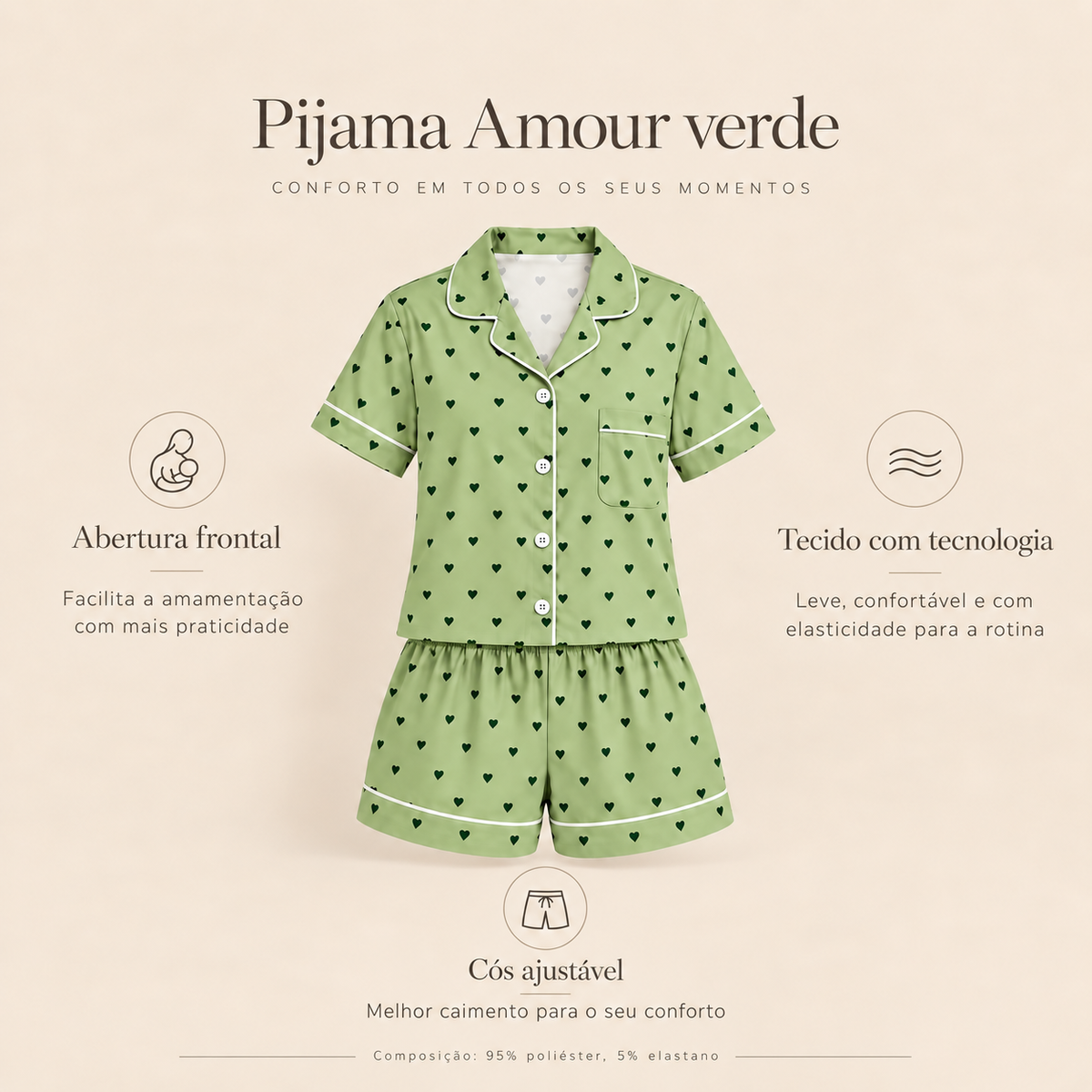Pijama Feminino Curto Aberto Margot Amour Verde