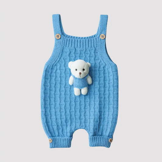 Jardineira Bebe Tricot Ursinho Azul
