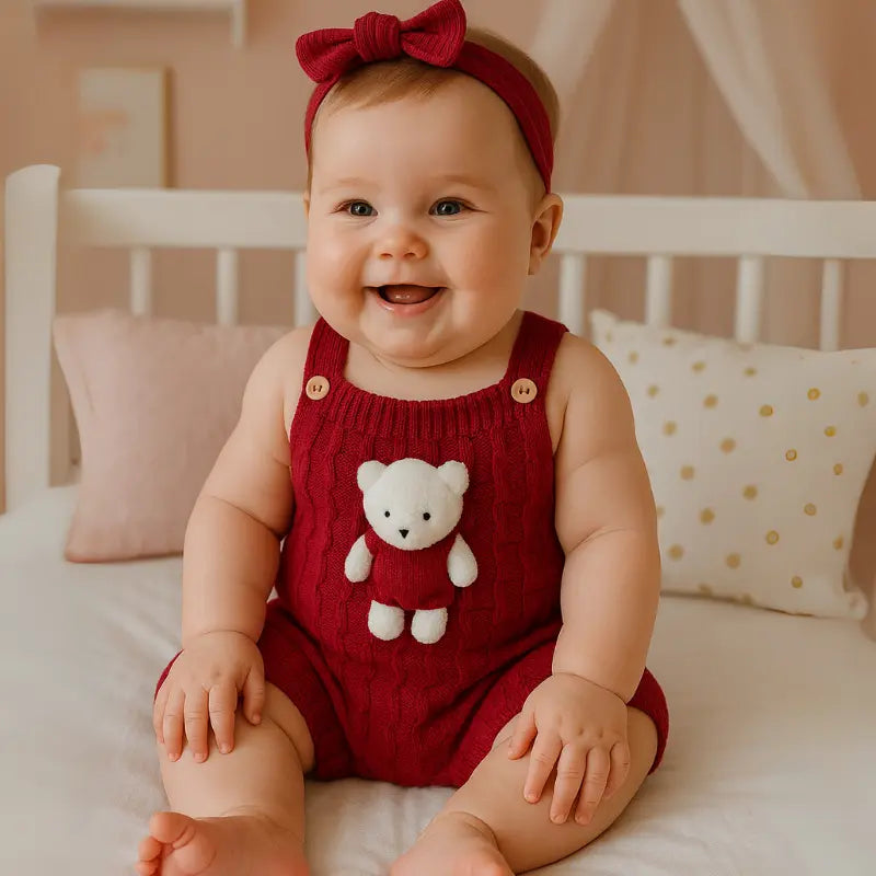 Jardineira Bebe Tricot Ursinho Red