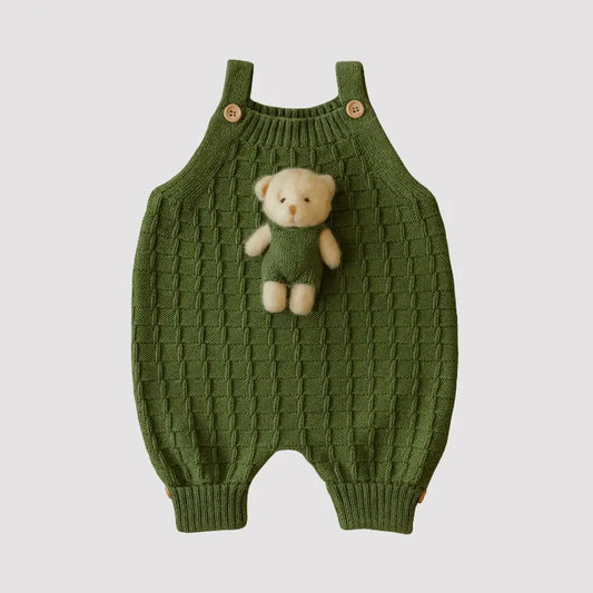 Jardineira Bebê Tricot Ursinho Verde Musgo