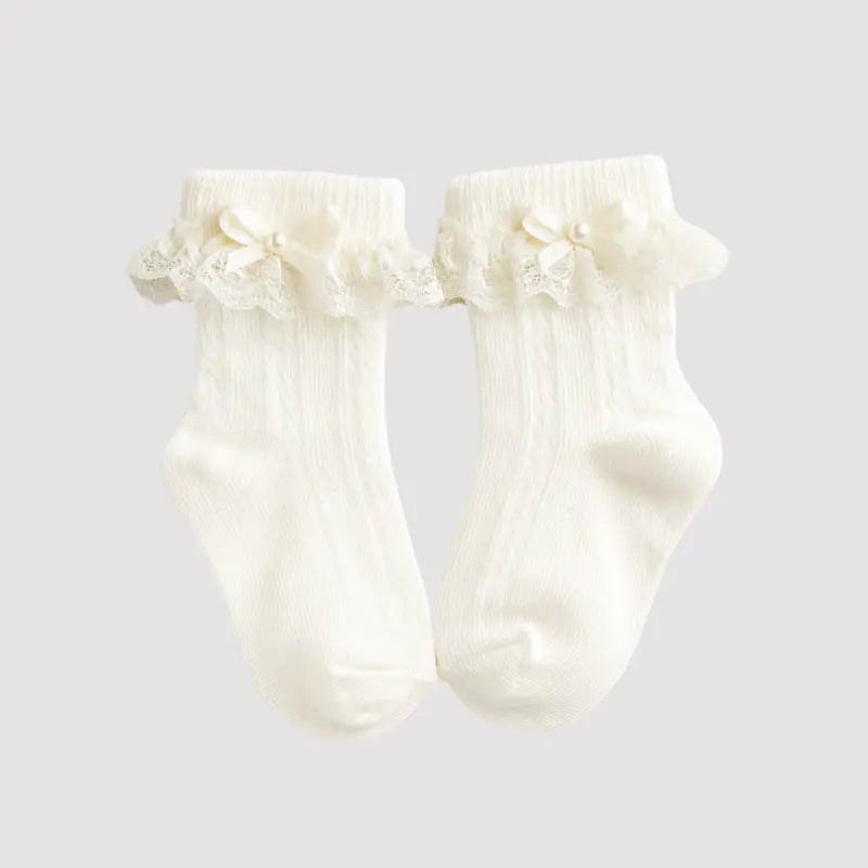 Meia Bebe Algodao Lacinho Bordado Cream