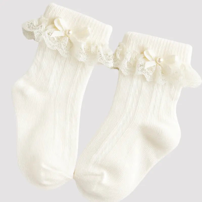Meia Bebe Algodao Lacinho Bordado Cream