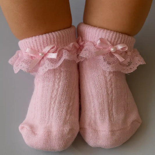 Meia Bebe Algodao Lacinho Bordado Rosa