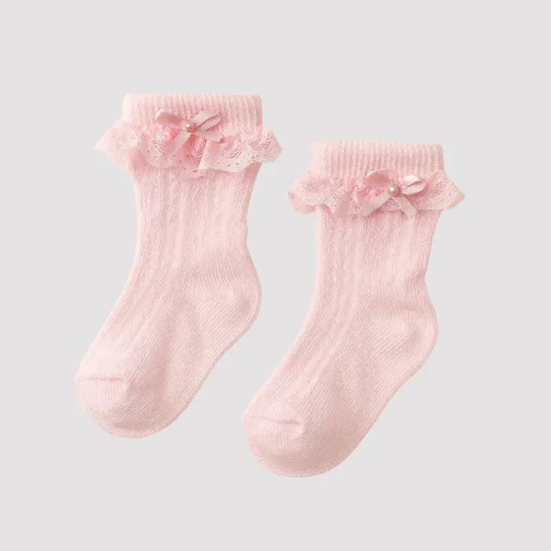 Meia Bebe Algodao Lacinho Bordado Rosa
