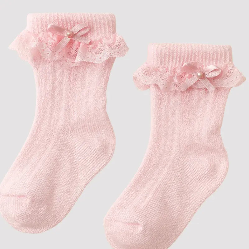 Meia Bebe Algodao Lacinho Bordado Rosa