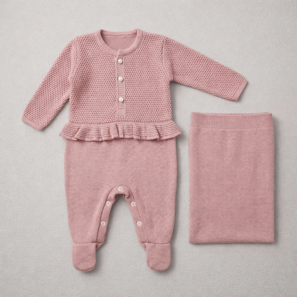 Kit Saída de Maternidade Tricot Manta e Macacão Menina Rose