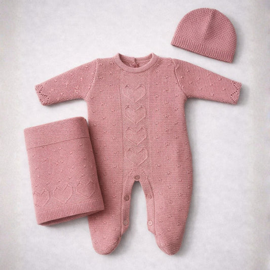 Kit Touca Manta Macacão Tricot Menina Rosa