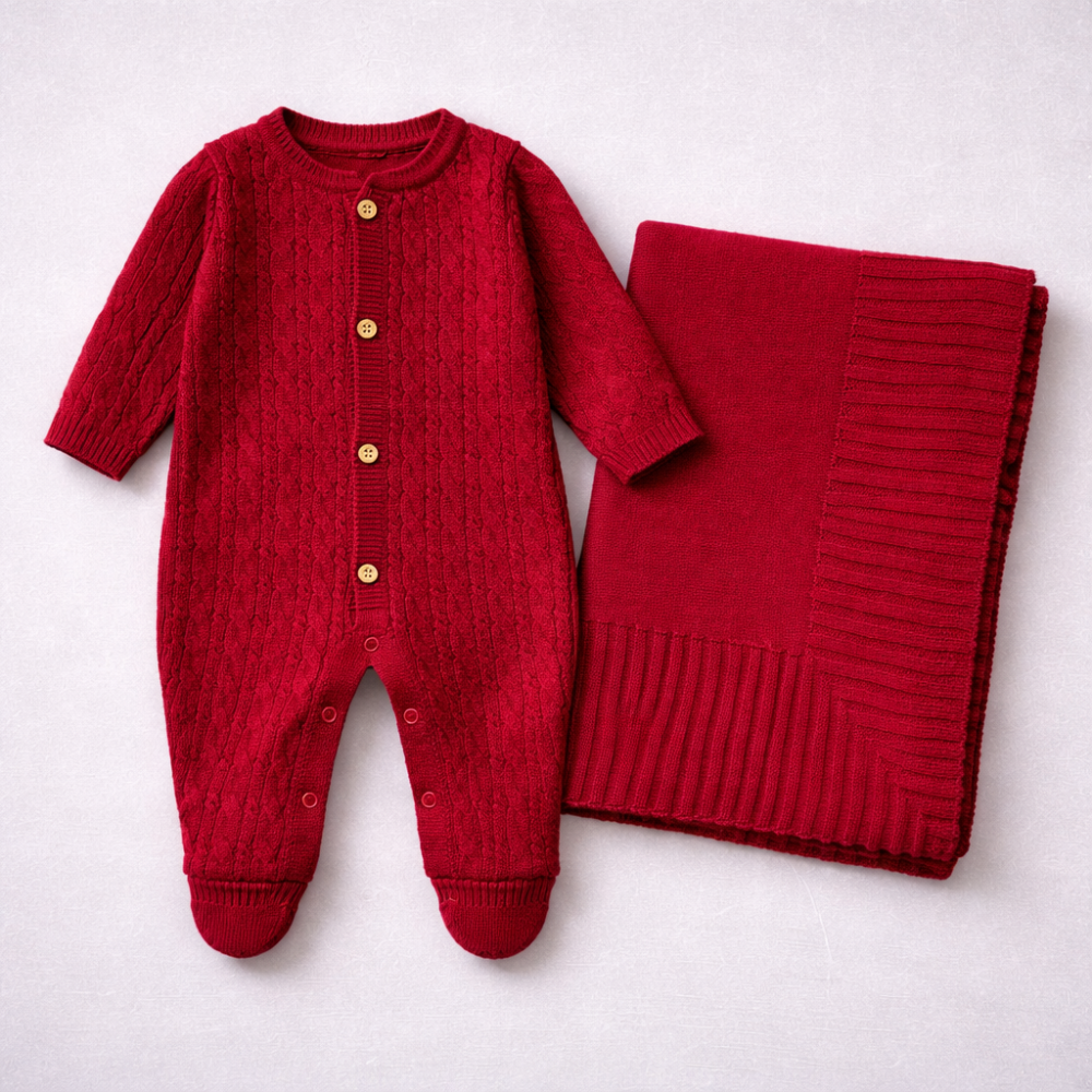 Macacão e Manta Bebê Tricot Vermelha