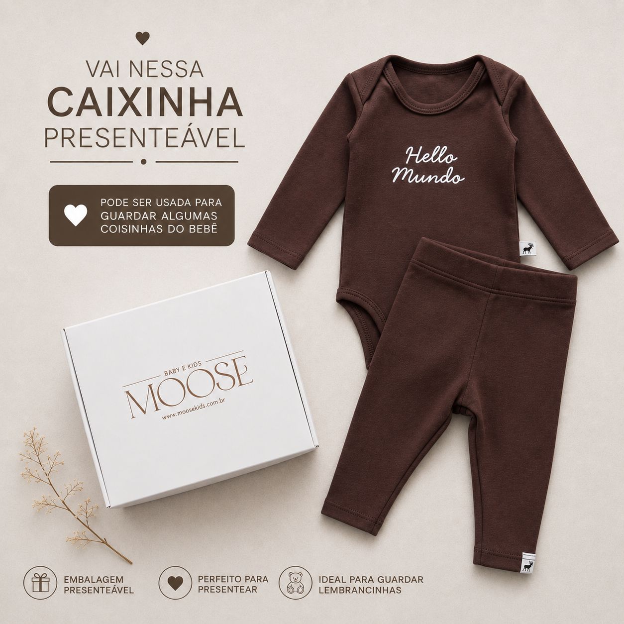 Conjunto Bebê Algodão Hello Mundo Mocha