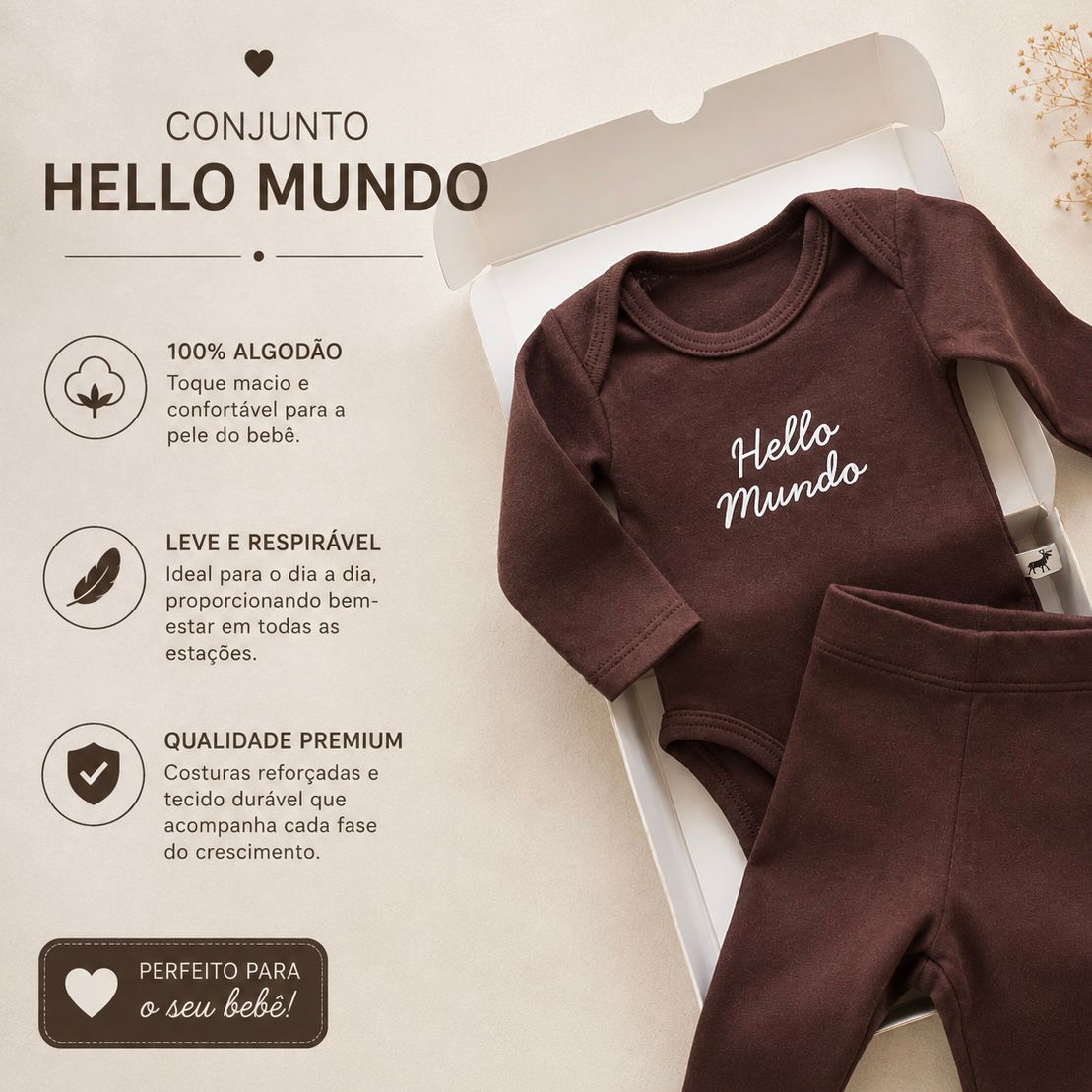 Conjunto Bebê Algodão Hello Mundo Mocha