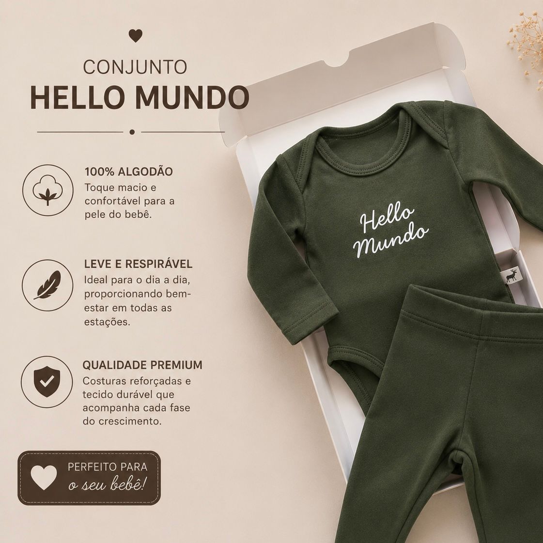 Conjunto Bebê Algodão Hello Mundo Verde