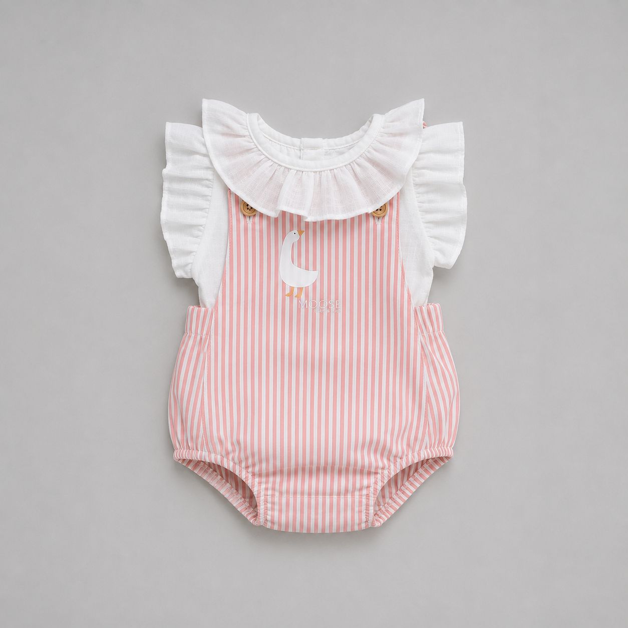 Kit 2 peças Jardineira e Body babado Patinho Listrada Rose