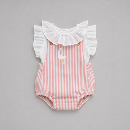 Kit 2 peças Jardineira e Body babado Patinho Listrada Rose