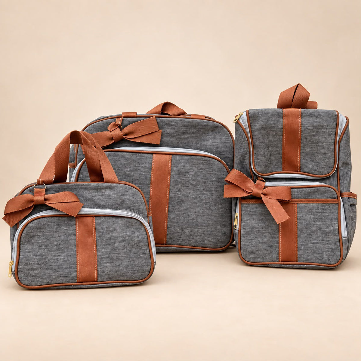 Kit 3 Bolsas Vintage Maternidade Multifuncional Cinza e Caramelo