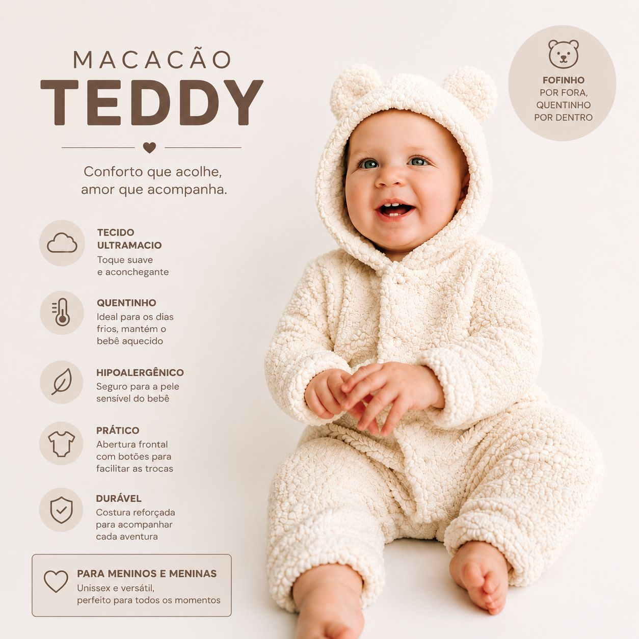 Macacão Bebê Pelúcia Teddy Off White