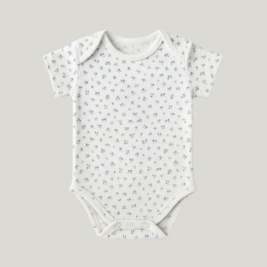 body bebê estampa floral azul com flores delicadas