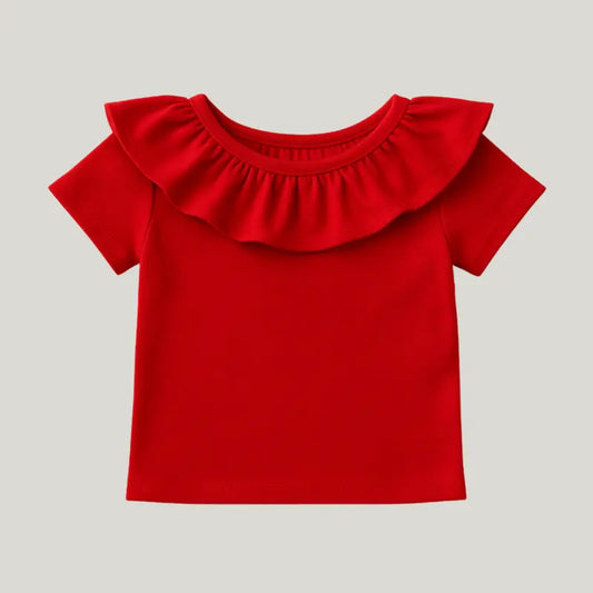 camisa vermelha bebê menina com gola babado

