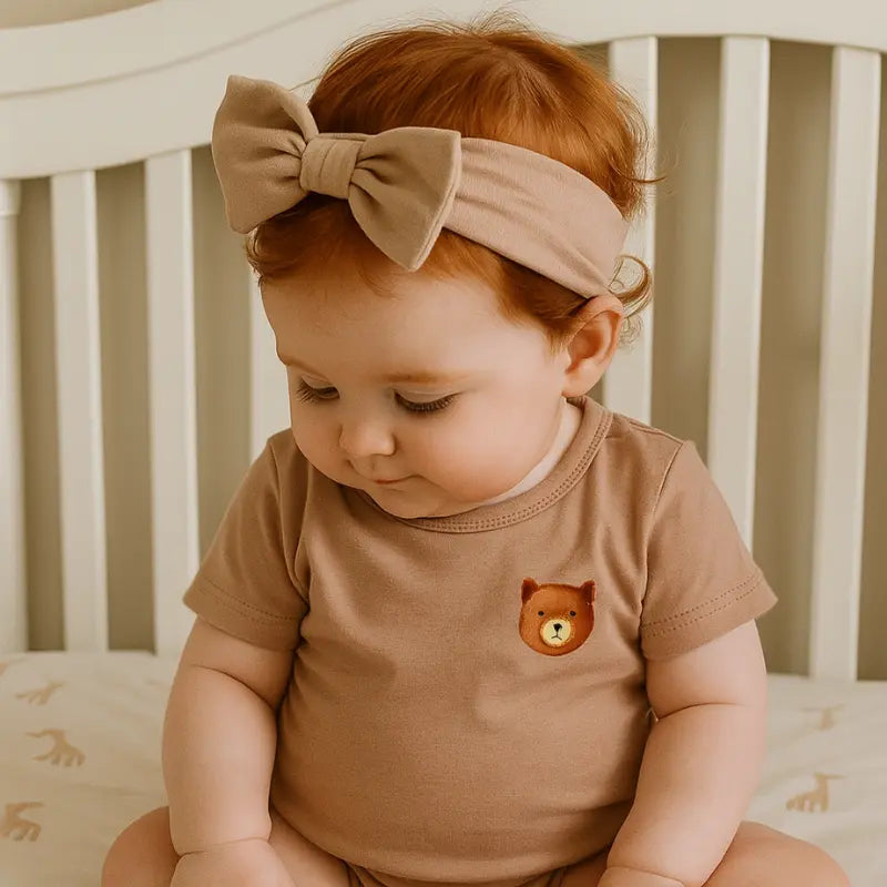 camiseta de bebê bege com estampa de ursinho

