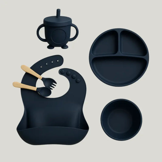 Kit Alimentaçāo bebê 6 peças em Silicone Azul Marinho