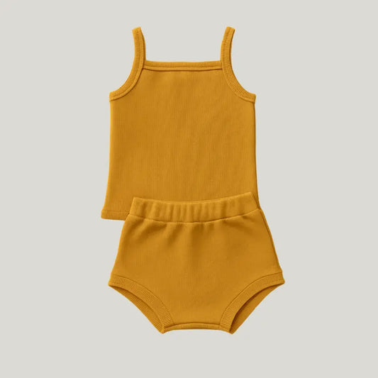conjunto bebê menina beach mostarda leve para verão

